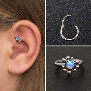 Opal Tragus Jewelry, Titanium Cartilage Earring, Conch Earring Implant Grade, Forward Helix Earring, Rook Ring, Cartilage Clicker Ring