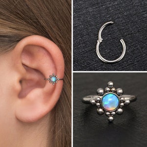 Opal Rook Earring Titanium Implant Grade, Tragus Earring, Clicker Hoop, Forward Helix Clicker, Tragus Piercing, Conch Ring, Cartilage Ring