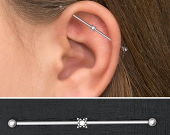 Barre Industrielle Piercing Oreille - Plaqué Or, Acier Chirurgical, Zircone Multicolore - 14G 38mm