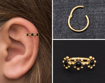 Onyx Tragus Jewelry, Surgical Steel Cartilage Earring Hoop, Conch Earring, Forward Helix Earring, Rook Ring, Cartilage Clicker Ring