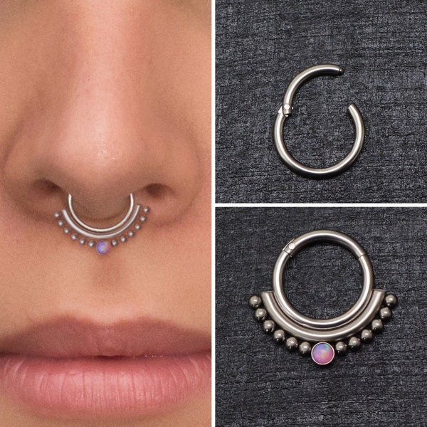 Titanium Septum Ring Clicker Earring, Opal Daith Earring Implant Grade, Septum Jewelry, Septum Clicker Hoop, Daith Piercing, Daith Ring