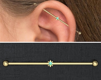 Industriell skivstång i kirurgiskt stål 14g, Opal industriella piercingsmycken, Stiftstång, Rak skivstångspiercing, Industriell stång