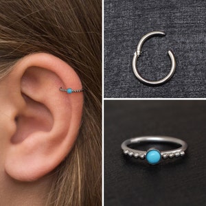 Forward Helix Earring Titanium, Turquoise Tragus Earring 18g 16g, Cartilage Ring, Tragus Clicker Earring, Rook Earring Hoop, Conch Earring