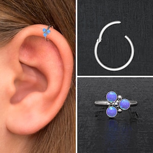 Boucle d'oreille cartilage en acier chirurgical, Boucle d'oreille hélice avant opale, Piercing tour, Bijoux de conque, Piercing du tragus, Anneau clicker de conque