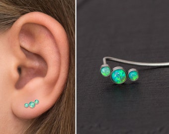 Ear Pin Earrings Surgical Steel, Opal Ear Climber Earrings, Ear Crawler Earrings, Ear Vine, Ear Sweep, Climbing Earrings, Curved Studs