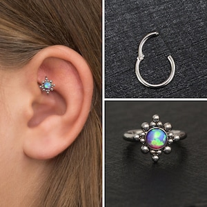 Opal Tragus Hoop Surgical Steel, Conch Hoop, Clicker Hoop, Cartilage Hoop Earring, Tragus Ring, Forward Helix Jewelry, Rook Earring