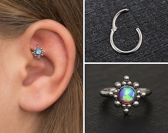 Opal Tragus Hoop Surgical Steel, Conch Hoop, Clicker Hoop, Cartilage Hoop Earring, Tragus Ring, Forward Helix Jewelry, Rook Earring