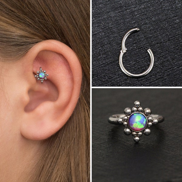 Opal Tragus Hoop Surgical Steel, Conch Hoop, Clicker Hoop, Cartilage Hoop Earring, Tragus Ring, Forward Helix Jewelry, Rook Earring