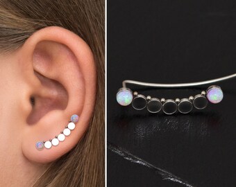Surgical Steel Ear Crawler Opal, Ear Sweep, Ear Vine, Ear Climber Earrings, Ear Pin Earrings, Climbing Ear Cuff Earrings Curved Earring
