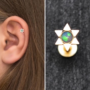 Opal Tragus Earring Surgical Steel, Flat Back Cartilage Earring Stud, Conch Stud, Forward Helix Jewelry, Tragus Ring, Labret Piercing