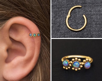 Surgical Steel Tragus Earring Hoop, Opal Cartilage Piercing, Rook Piercing, Forward Helix Piercing, Conch Piercing, Rook Clicker Hoop