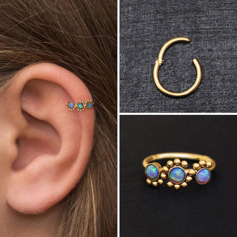 Surgical Steel Tragus Earring Hoop, Opal Cartilage Piercing, Rook Piercing, Forward Helix Piercing, Conch Piercing, Rook Clicker Hoop 