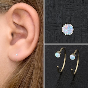 Kleine Creolen Opal, offene Hoop Huggie Ohrringe aus chirurgischem Stahl, Sleeper Hoop Ohrringe, kleine Ohr Jacken Ohrringe, Ear Hugger Creolen