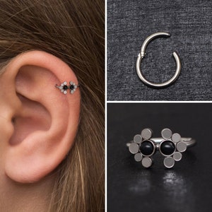 Cartilage Earring Hoop Surgical Steel, Onyx Forward Helix Earring, Rook Piercing, Conch Jewelry, Tragus Piercing, Conch Clicker Ring