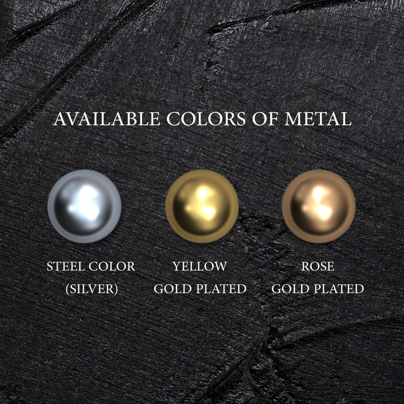 May include: Three metal samples showing available colors: steel color (silver), yellow gold plated, and rose gold plated.