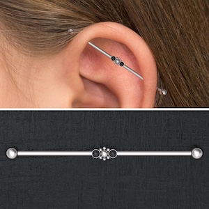 Surgical Steel Industrial Barbell 14g, Straight Barbell Piercing, Onyx Industrial Piercing Jewelry, Scaffold Earring, Industrial Bar