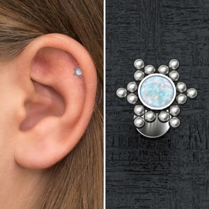 Titanium Flat Back Tragus Earring Opal, Implant Grade Cartilage Earring, Labret Stud, Forward Helix Earring, Conch Jewelry, Labret Ring