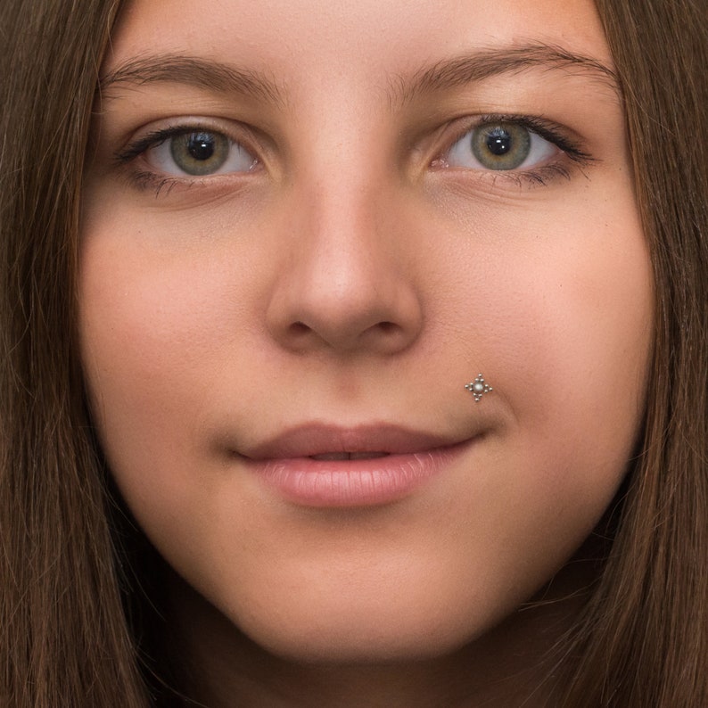 May include: Close-up portrait of a person with long brown hair. The person has a small silver stud piercing on the lower lip.