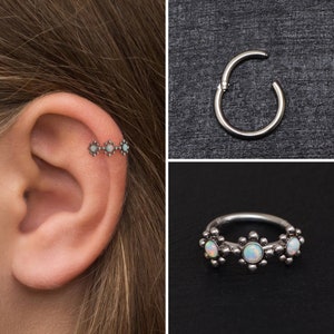 Forward Helix Earring Titanium, Opal Tragus Earring 18g 16g, Cartilage Ring, Tragus Clicker Earring, Rook Earring Hoop, Conch Earring