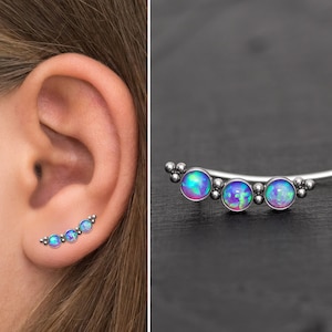 Ear Pin Earrings Surgical Steel, Opal Ear Climber Earrings, Ear Crawler Earrings, Ear Vine, Ear Sweep, Climbing Earrings, Curved Studs