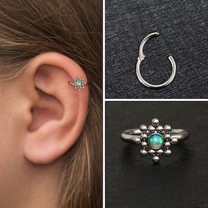 Forward Helix Earring Surgical Steel, Opal Tragus Earring, Cartilage Ring, Tragus Clicker Earring, Rook Earring Hoop, Conch Earring