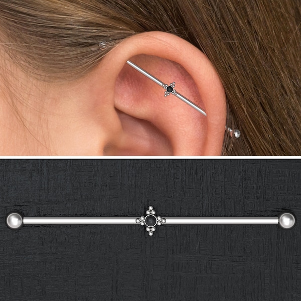 Onyx Industrial Jewelry Surgical Steel, Industrial Barbell, Industrial Piercing Jewelry, Scaffold Earring, Straight Barbell Piercing 14g