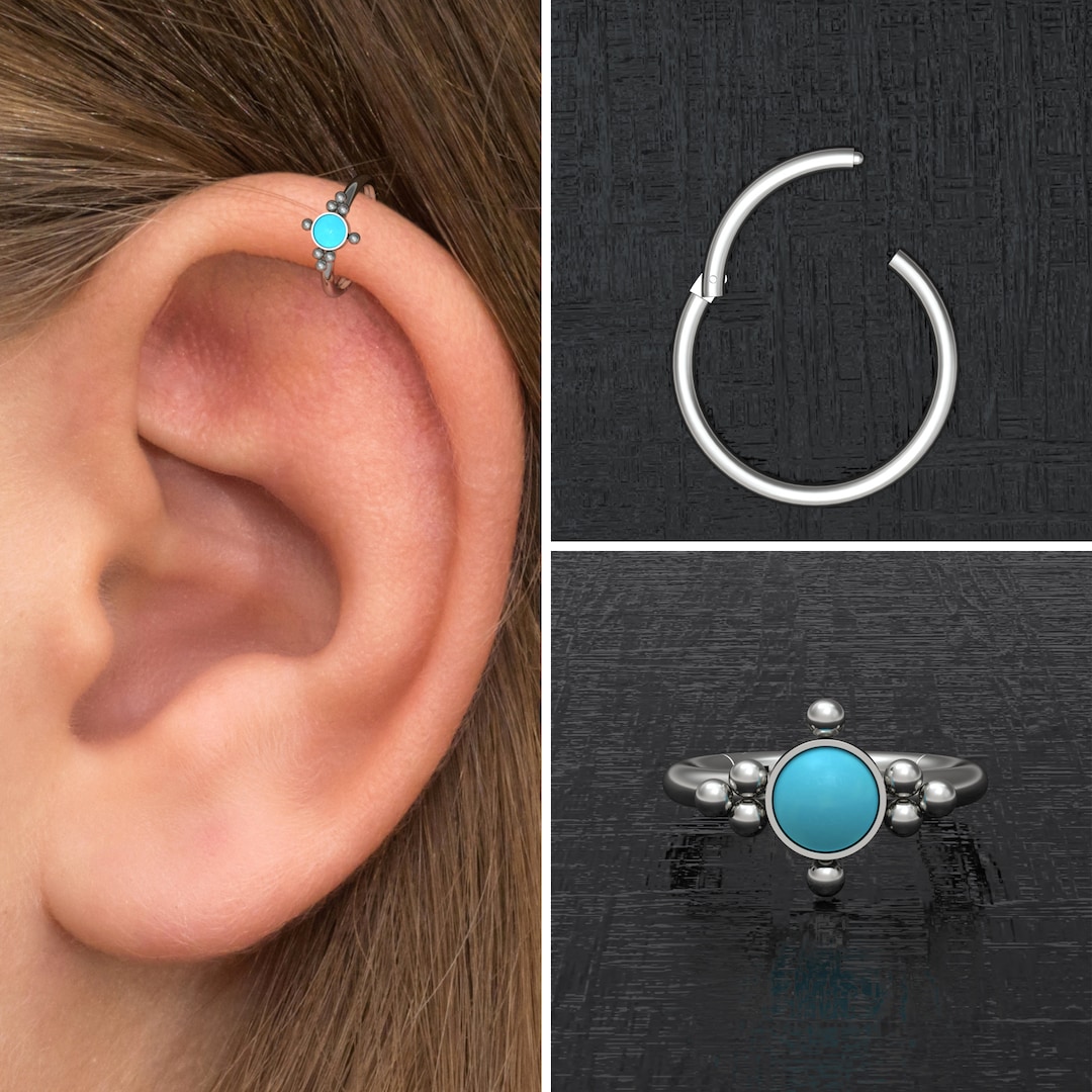 Titanium Conch Piercing, Turquoise Tragus Hoop 18g 16g, Cartilage