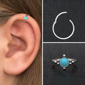 Titanium Conch Piercing, Turquoise Tragus Hoop 18g 16g, Cartilage Hoop Earring, Forward Helix Ring, Rook Clicker, Clicker Hoop, Tragus Ring