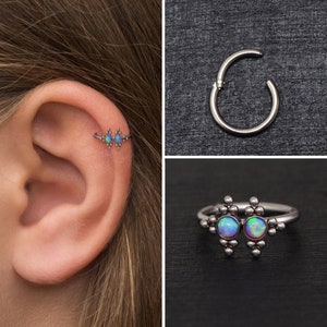 Surgical Steel Conch Piercing, Opal Tragus Hoop, Cartilage Hoop Earring, Forward Helix Ring, Rook Clicker, Clicker Hoop, Tragus Ring