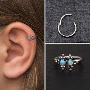 Surgical Steel Conch Piercing, Opal Tragus Hoop, Cartilage Hoop Earring, Forward Helix Ring, Rook Clicker, Clicker Hoop, Tragus Ring