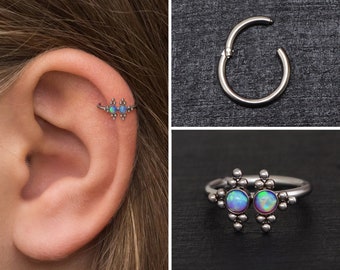 Surgical Steel Conch Piercing, Opal Tragus Hoop, Cartilage Hoop Earring, Forward Helix Ring, Rook Clicker, Clicker Hoop, Tragus Ring