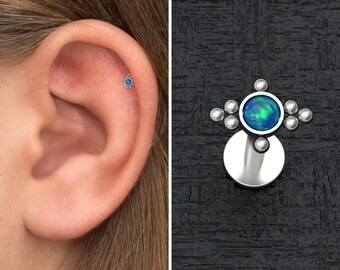 Titanium Tragus Stud, Cartilage Ring Opal, Helix Ring Implant Grade, Tragus Jewelry, Labret Earring, Cartilage Stud, Conch Piercing