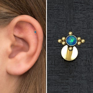 Opal Tragus Earring Surgical Steel, Flat Back Cartilage Earring Stud, Conch Stud, Forward Helix Jewelry, Tragus Ring, Labret Piercing
