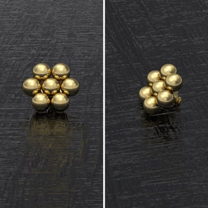 May include: A gold-colored flower-shaped earring with seven round beads.