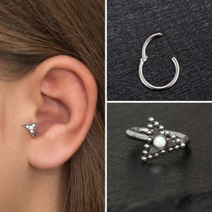 Opal Tragus Jewelry, Surgical Steel Cartilage Earring Hoop, Conch Earring, Forward Helix Earring, Rook Ring, Cartilage Clicker Ring