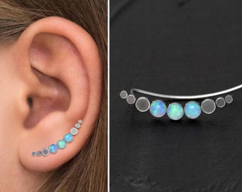Chirurgisch stalen oorcrawler oorbellen, opaal klimmer oorbellen, wijnstok oorbellen, oorveger, klimmen ear cuff oorbellen, gebogen nageloorring