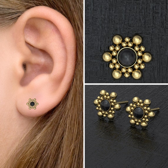 Boucles D'oreilles Puces En Or 18K Avec Onyx - Occasion En Très Bon état (TBE)