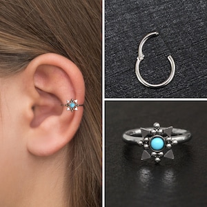 Cartilage Piercing Surgical Steel, Turquoise Rook Jewelry, Tragus Earring Hoop, Conch Hoop, Forward Helix Hoop, Cartilage Clicker Earring