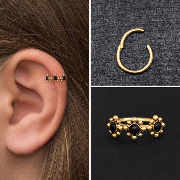 Bijoux Onyx Tragus, cerceau de boucle d'oreille de cartilage en acier chirurgical, boucle d'oreille de conque, boucle d'oreille d'hélice vers l'avant, anneau de tour, anneau de clicker de cartilage