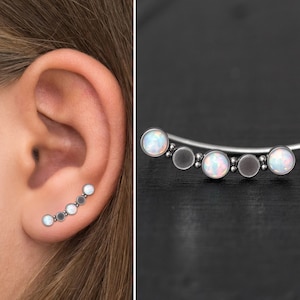 Opal Ear Climber Earrings Surgical Steel, Ear Crawler Earrings, Ear Pin Earrings, Climbing Ear Cuff Earrings, Curved Earring, Ear Sweep