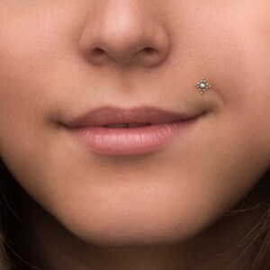 May include: Close-up of a person's lower face with a small silver star-shaped stud piercing on the left side of their mouth.