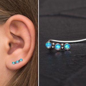 Ear Pin Earrings Surgical Steel, Opal Ear Climber Earrings, Ear Crawler Earrings, Ear Vine, Ear Sweep, Climbing Earrings, Curved Studs