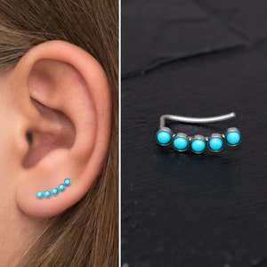 Turquoise Ear Climber Earrings Surgical Steel, Ear Crawler Earrings, Ear Pin Earrings, Climbing Ear Cuff Earrings, Curved Earring, Ear Sweep