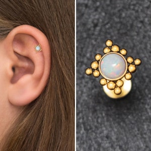 Surgical Steel Flat Back Tragus Earring Opal, Cartilage Earring Stud, Labret Stud, Forward Helix Earring, Conch Jewelry, Labret Ring