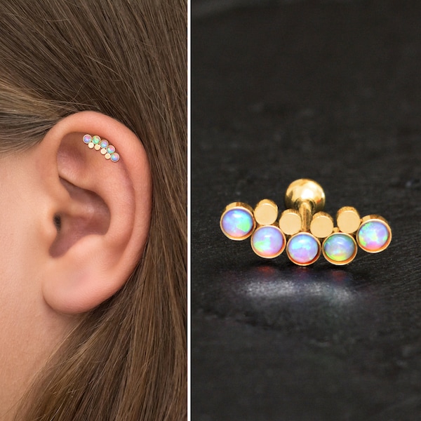 Curved Stud Earring Surgical Steel, Curved Cartilage Earring Stud Opal, Helix Earring, Cartilage Curved Bar Earring, Cartilage Piercing