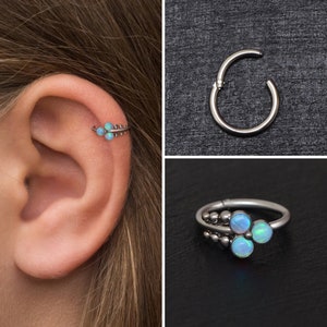 Opal Tragus Hoop Surgical Steel, Conch Hoop, Clicker Hoop, Cartilage Hoop Earring, Tragus Ring, Forward Helix Jewelry, Rook Earring