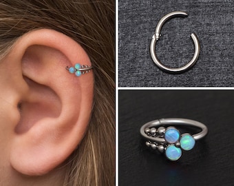 Opal Tragus Hoop Surgical Steel, Conch Hoop, Clicker Hoop, Cartilage Hoop Earring, Tragus Ring, Forward Helix Jewelry, Rook Earring