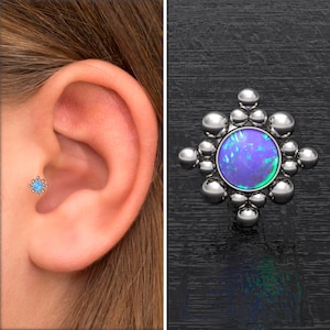 Opal Tragus Stud, Cartilage Stud Earring Surgical Steel, Tragus Jewelry, Forward Helix Barbell, Cartilage Piercing, Conch Barbell