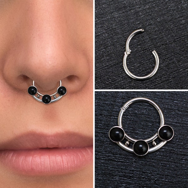 Titanium Septum Ring Clicker Earring, Onyx Daith Earring Implant Grade, Septum Jewelry, Septum Clicker Hoop, Daith Piercing, Daith Ring