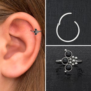 Onyx Rook Earring Titanium Implant Grade, Tragus Earring, Clicker Hoop, Forward Helix Clicker, Tragus Piercing, Conch Ring, Cartilage Ring